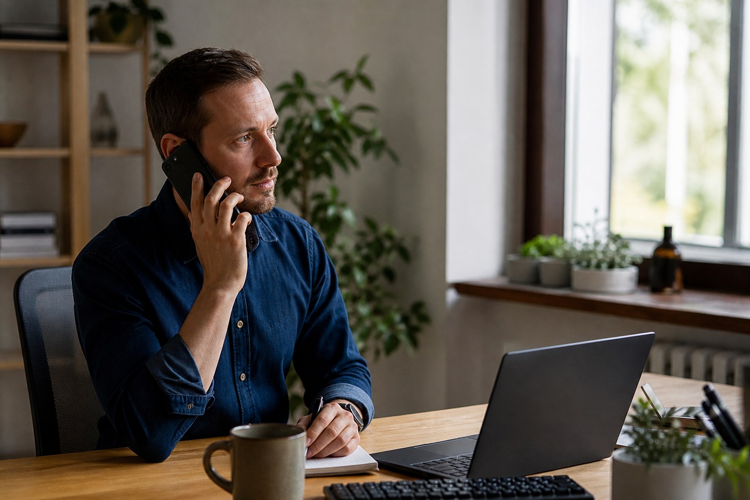 Ein Mitarbeiter hält während eines Telefonats inne und prüft die Situation.